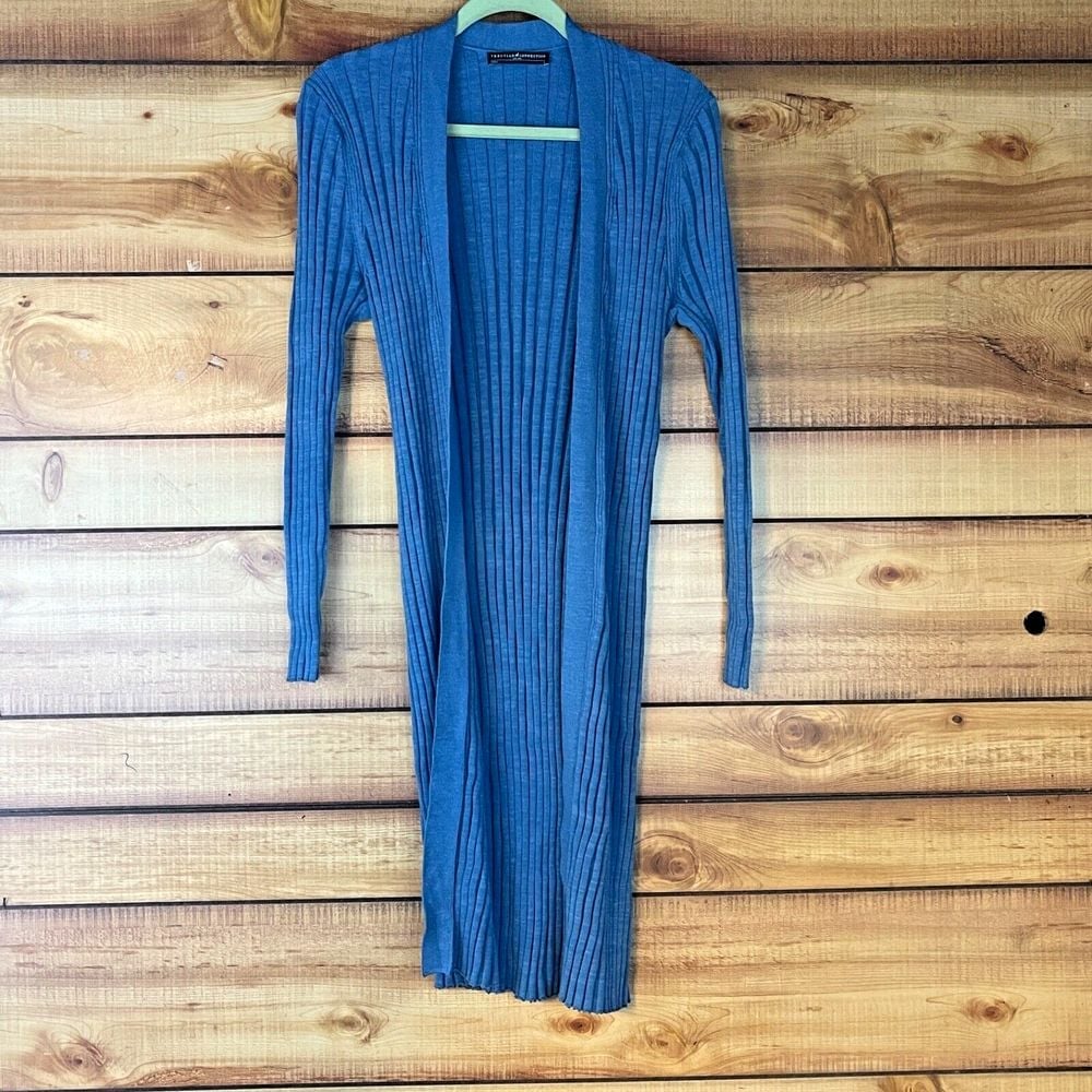 Peruvian Connection Cardigan Large 100% Cotton Long Open Knit Sweater Blue