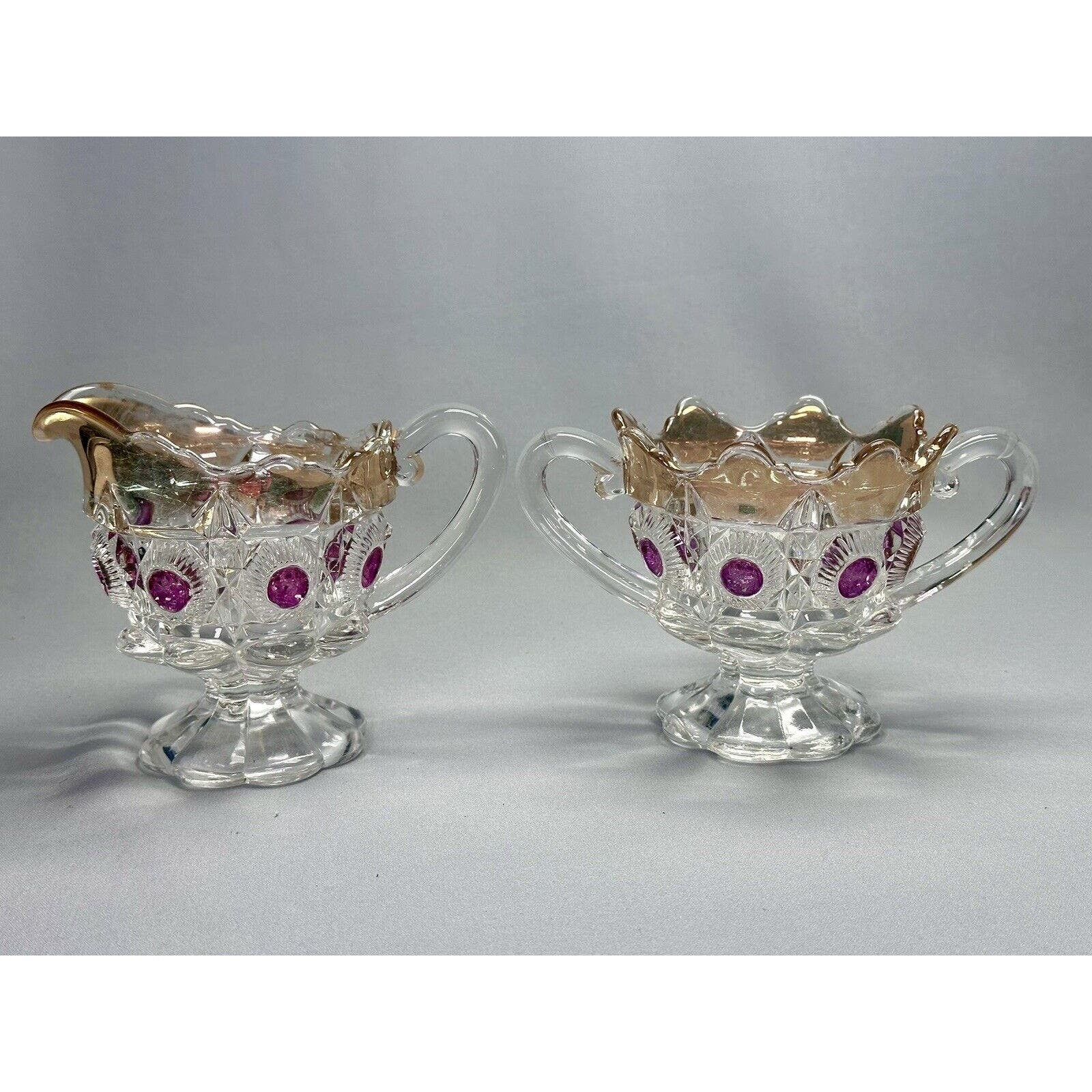 EAPG U.S. Glass Newport Bulls Eye & Daisy Gilded Ruby Stain Cream Sugar Set