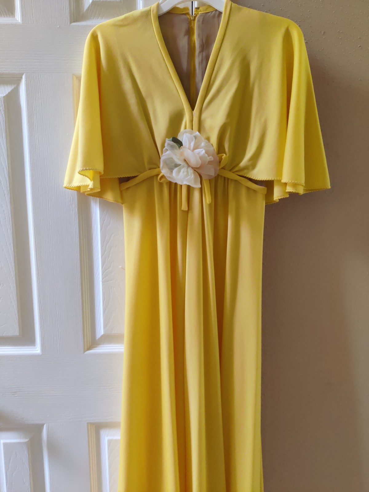 Vintage 1970s Cape Shawl Long Yellow Dress with Bow Flower Decorations XS