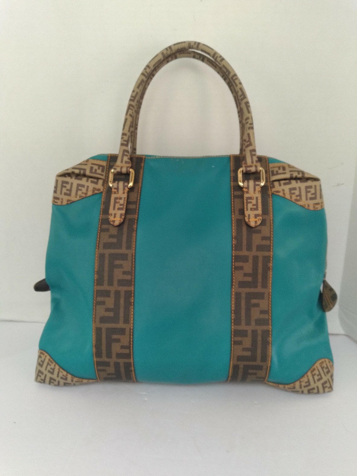 Fendi Monogram Turquoise Leather Tote Bag with FF Pattern Trim Designer Handbag