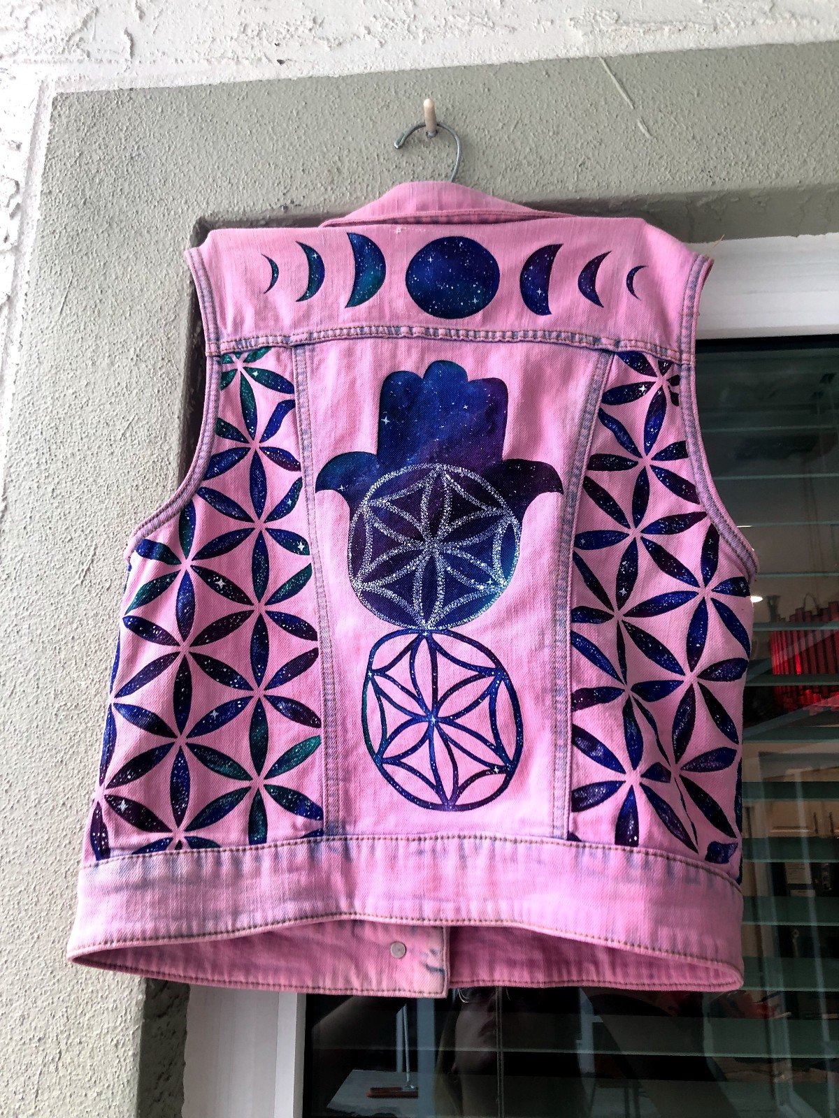 Handmade Pink galaxy cosmic sacred geometry moon phases vest - Handpainted - M