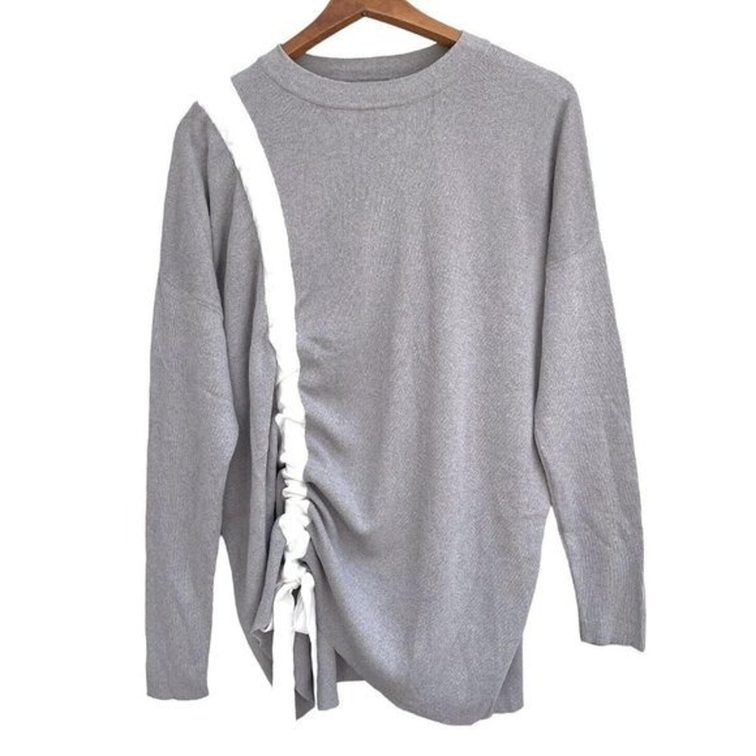 EUC Asos Long Sleeve Pullover With Tie String Ruching Gray & White Women’s 6