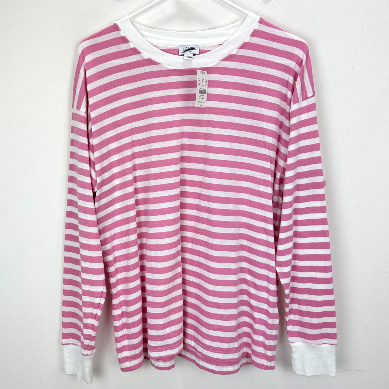 J.Crew Long Sleeve Striped Tee Shirt Pink White Relaxed Cotton Preppy Medium NWT
