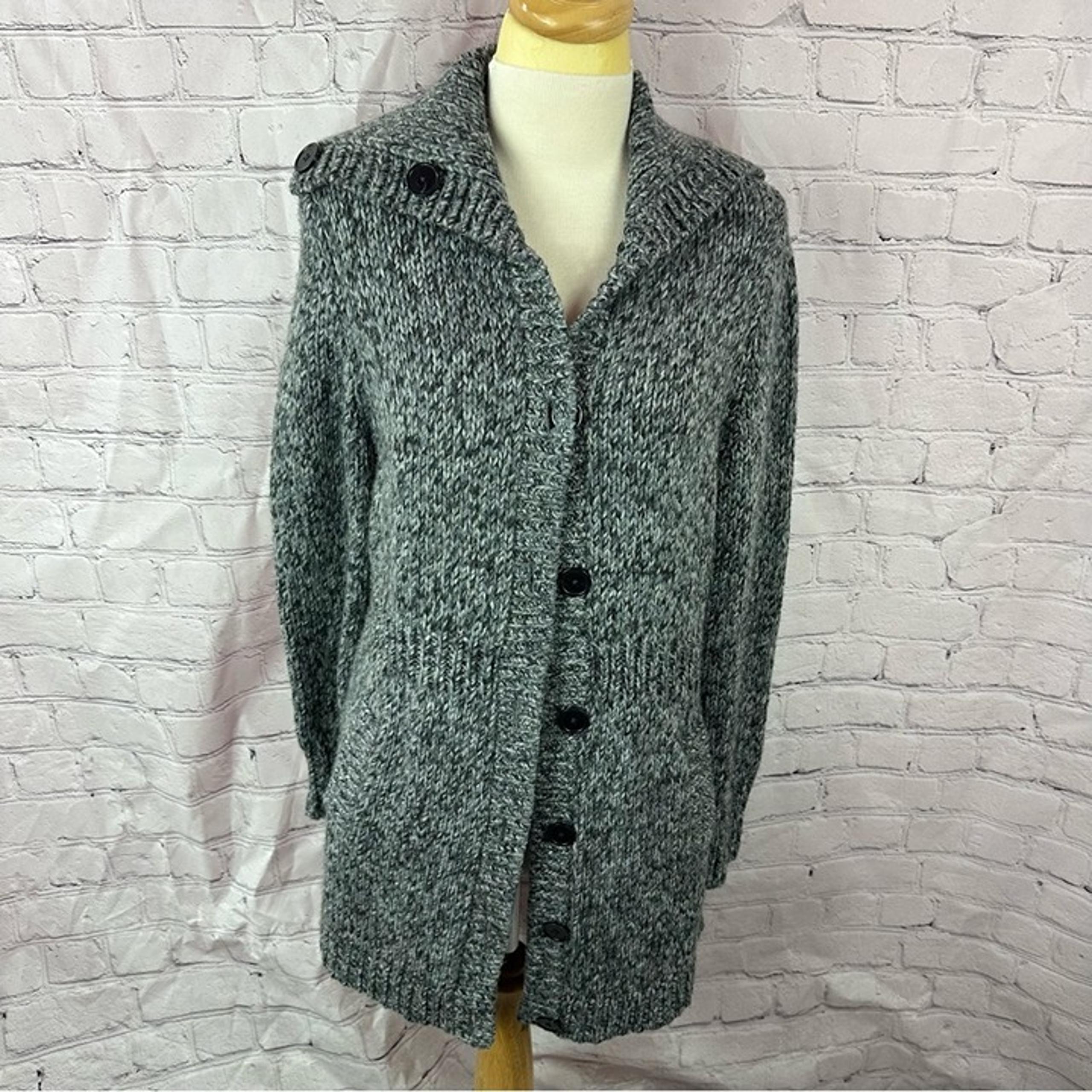 Talbots Charcoal tweed Button-Up Cardigan sweater sz L wool blend cowl neck