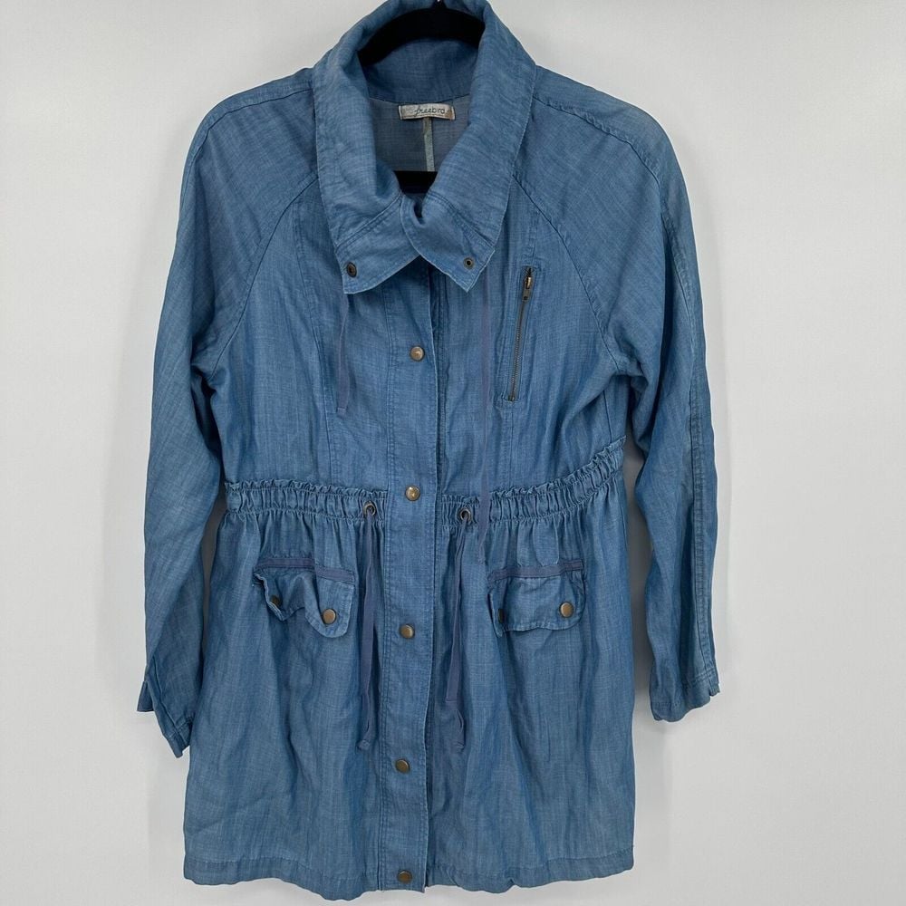 Free Bird Chambray Blouse Womens Large Blue Cinch Waist Long Sleeve Snap Front