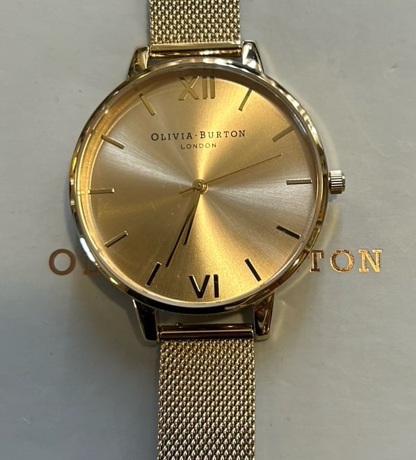 OLIVIA BURTON WATCH WITH 38mm GOLDEN SUNRAY FACE WITH GOLDEN MESHBRACE