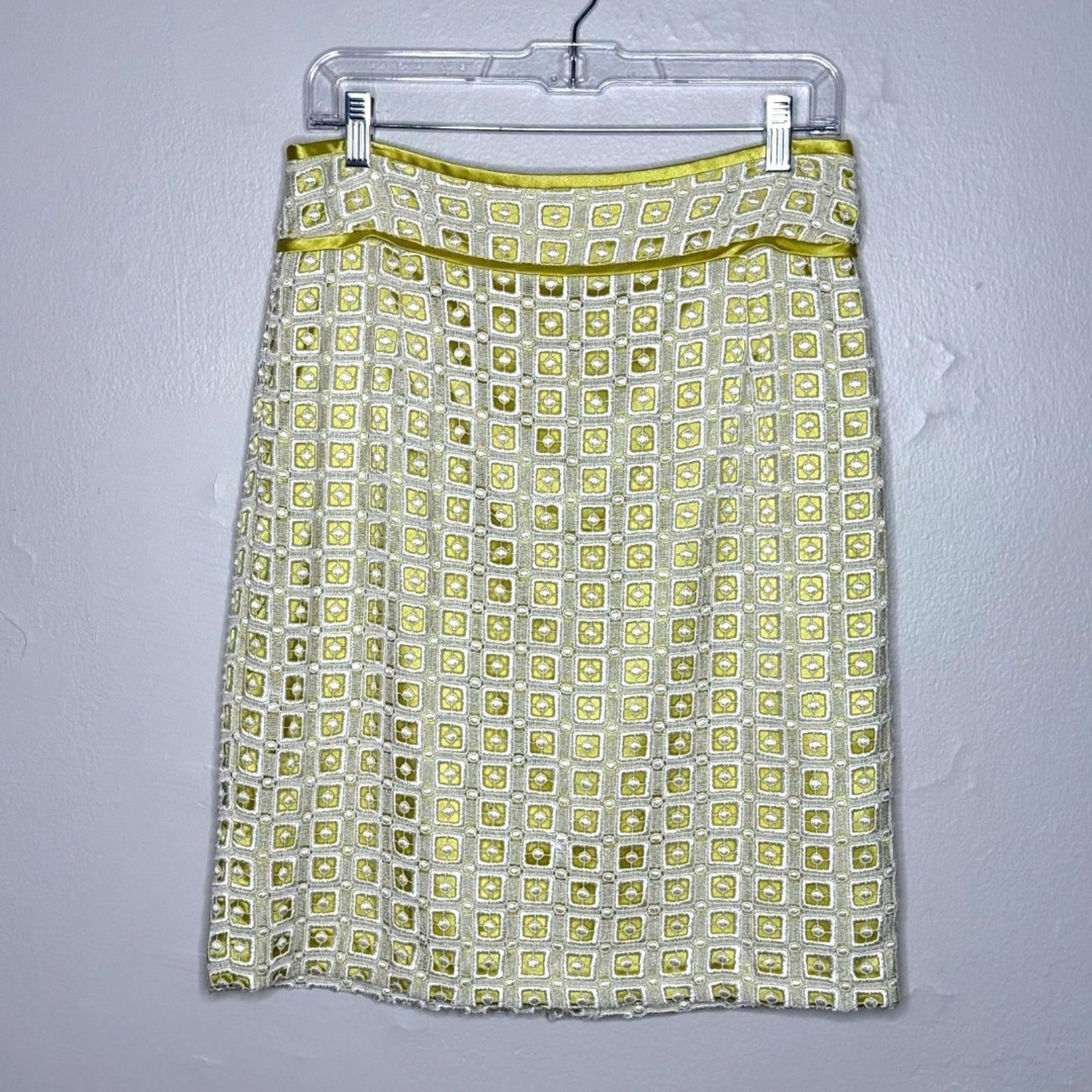 Antonio Melani Womens Pencil Skirt Size 6 White Green Geometric 60s Satin Office