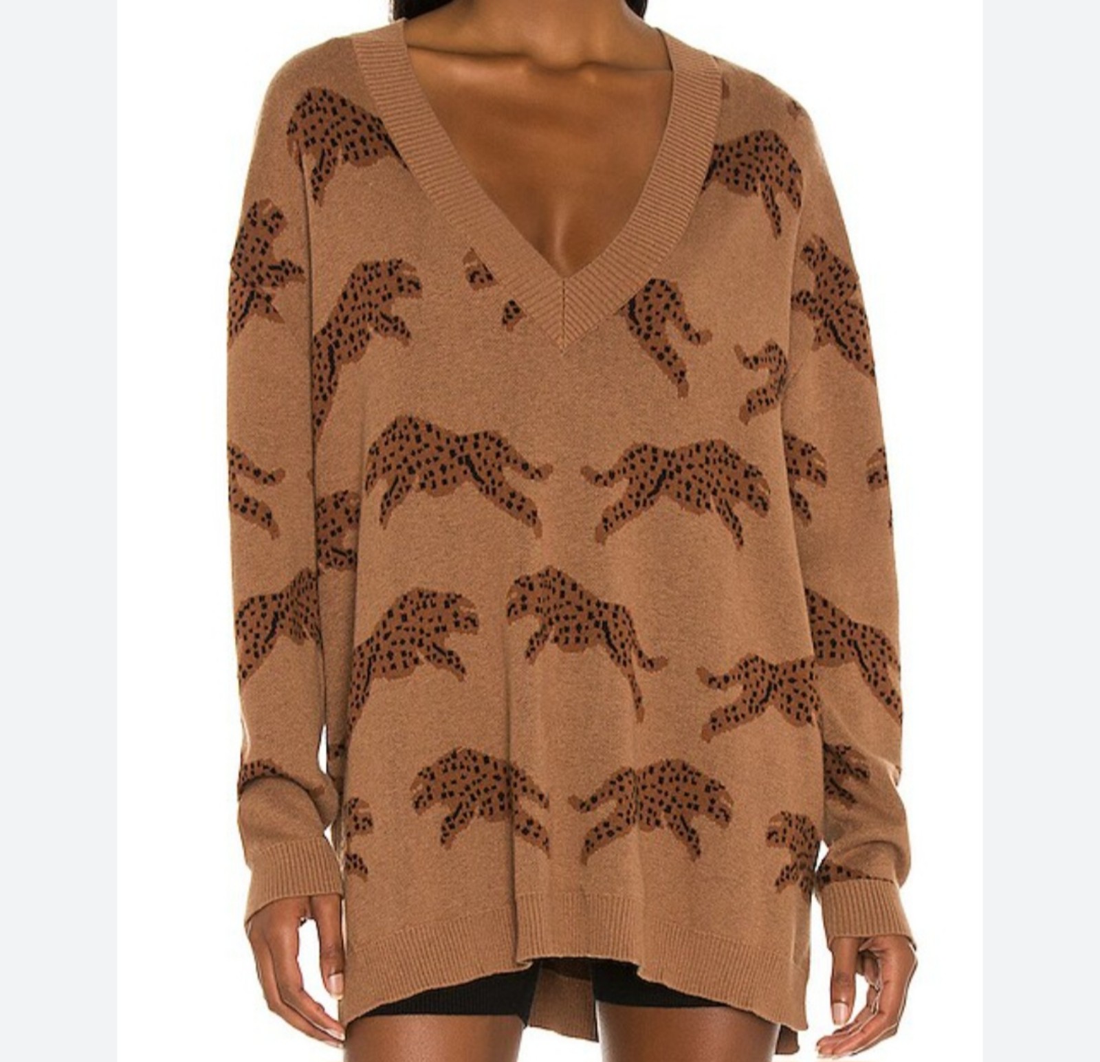 Show Me Your Mumu Gilligan Sweater Women's Jumping Cheetah Knit V-neck Brown L