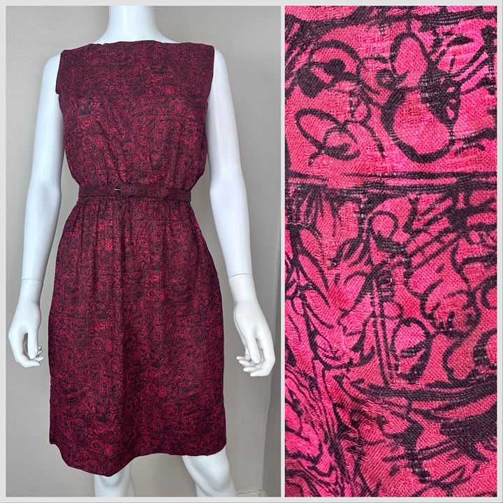 Vintage 1960s Raspberry Scribble Print Sleeveless Dress, Handmade Size S-M