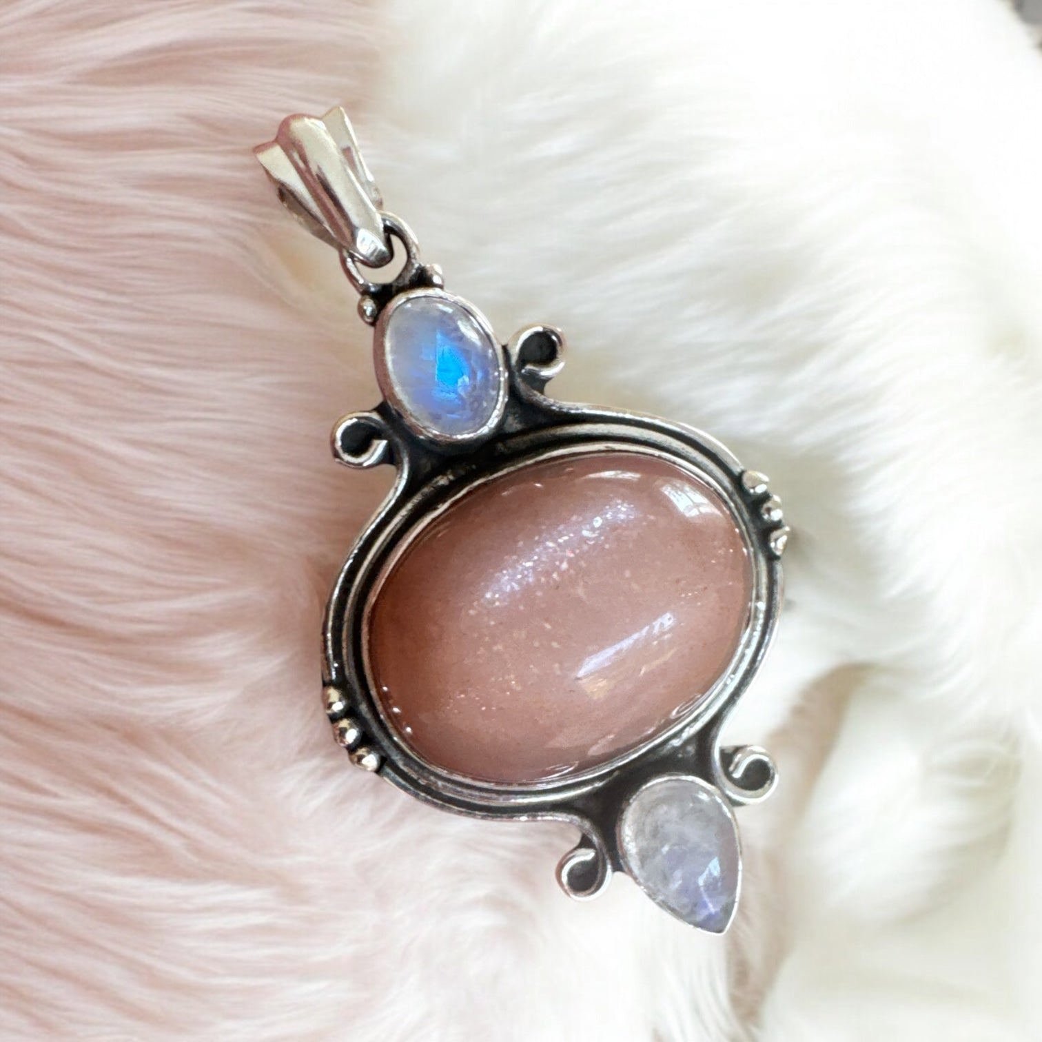 Peach Moonstone & Rainbow Moonstone Solid 925 Sterling Silver Pendant