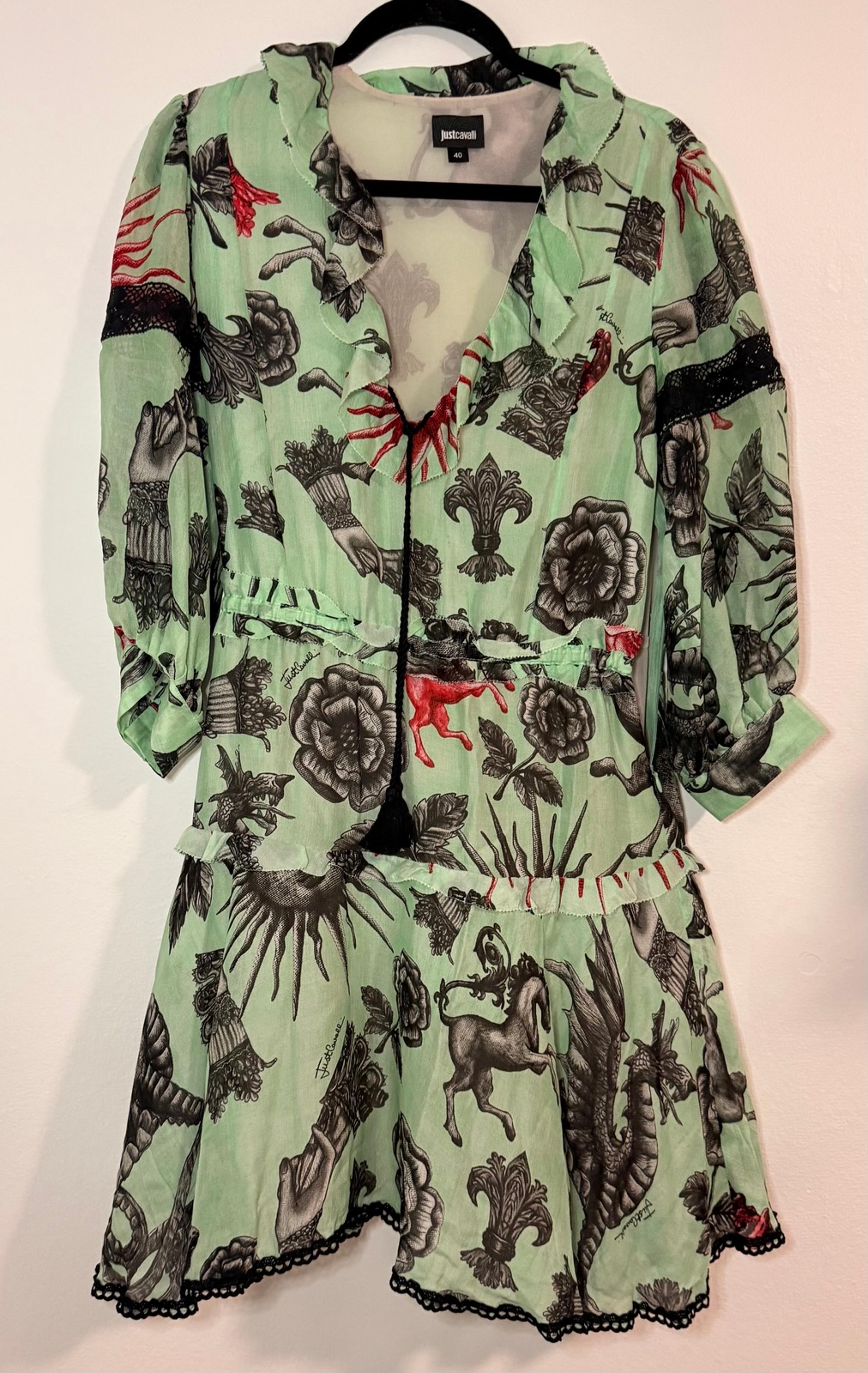 Just Cavalli Green Size 40 Knee Length 3/4 Sleeve Dress 100% Silk