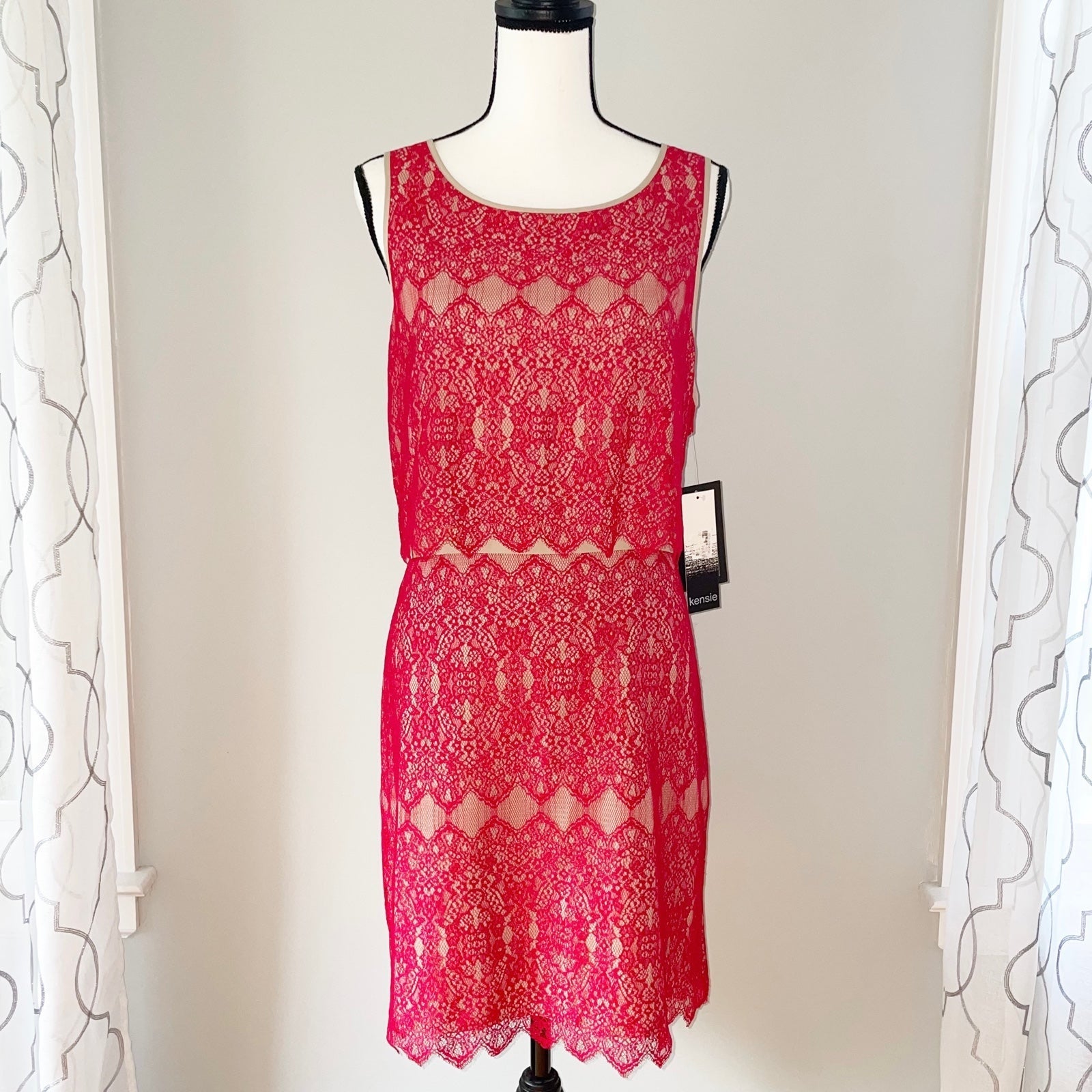 Kensie Red Lace & Nude Overlay Sheath Dress