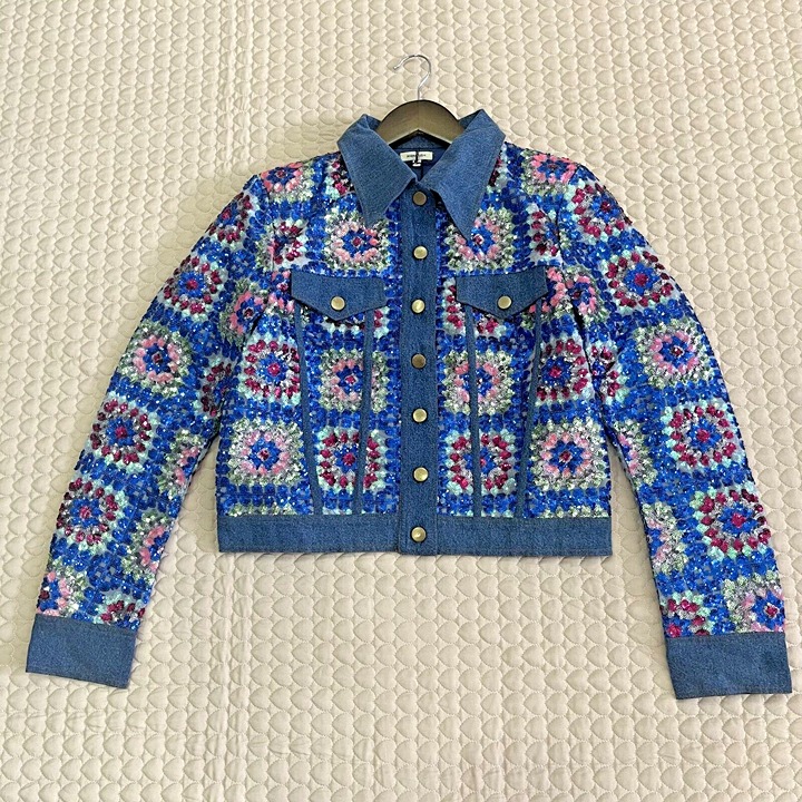 805 NWT Manoush Sequined Denim Jacket US 6 Women's Blue