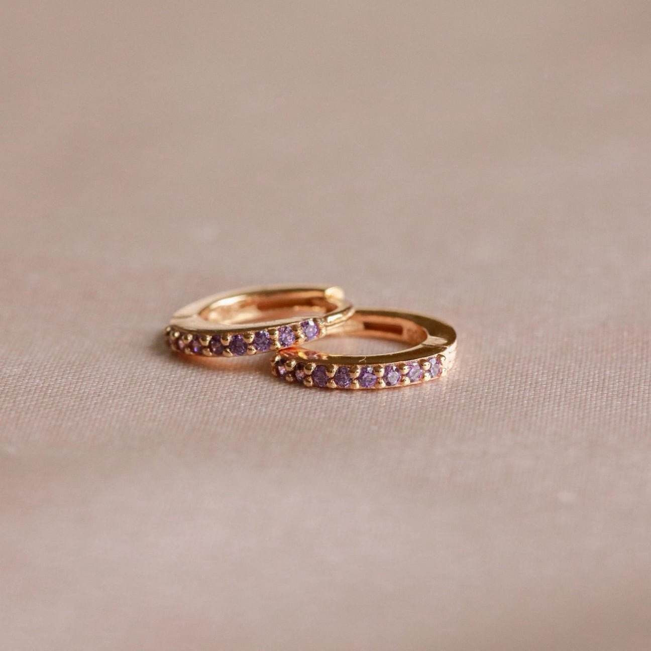 14K Gold Amethyst Pavé Birthstone Huggie Hoop Earrings, NWT