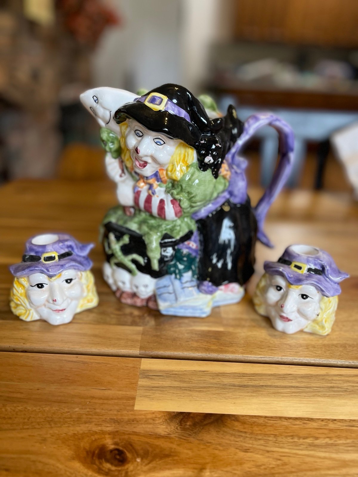 Nantucket Ceramic Halloween Witch Pitcher & Candlestick Holders