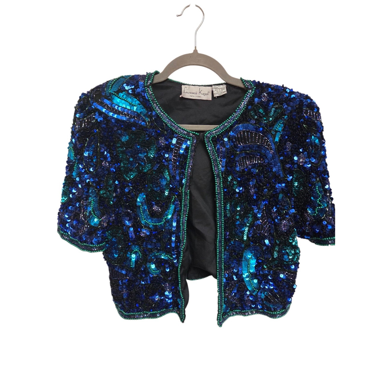 Laurence Kazar VTG Blue And Green Short Sleeve Sequined Jacket Top Size XL