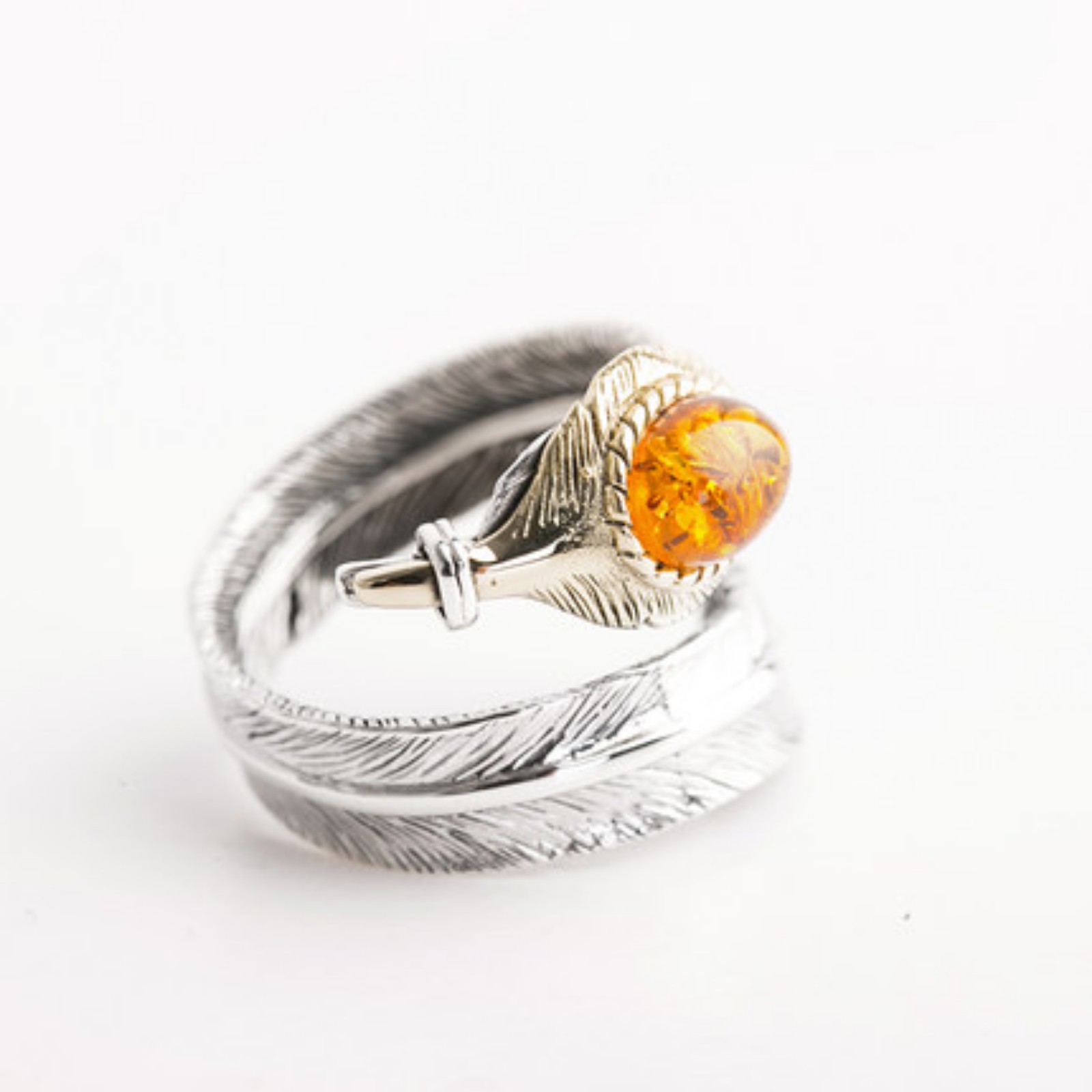 S925 Silver fashion amber open feather ring