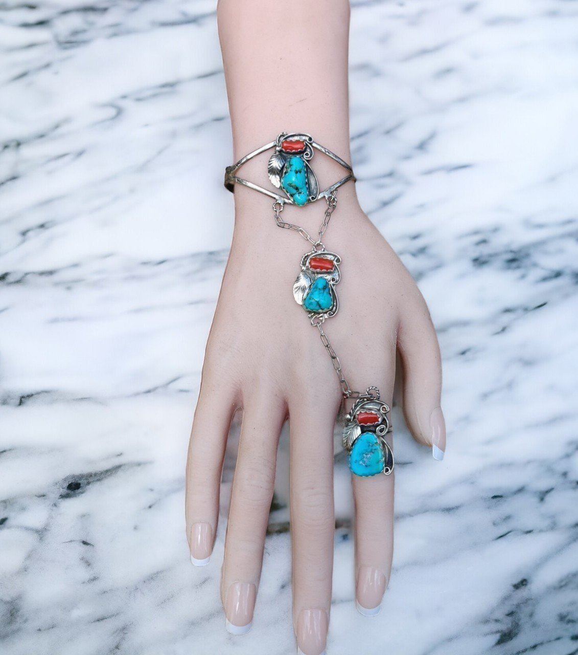 Antique sterling Navajo slave bracelet with coral and turquoise