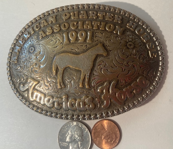 Vintage 1991 Metal Belt Buckle, American Quarter Horse Association, Rodeo, Horse