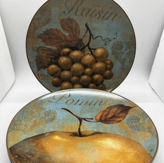 Pier 1 Imports Salad Dessert Plates Set of 4 Ceramic Painted 8 Fruit Teal Gold