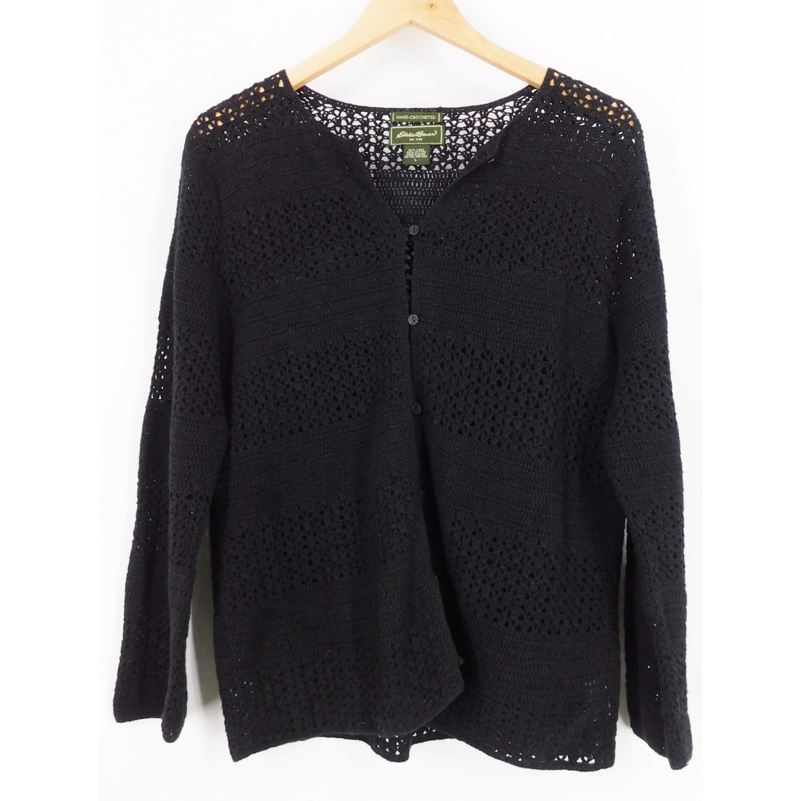 Eddie Bauer Linen Hand-Crocheted Cardigan Dark Cottagecore Sweater Black Size L