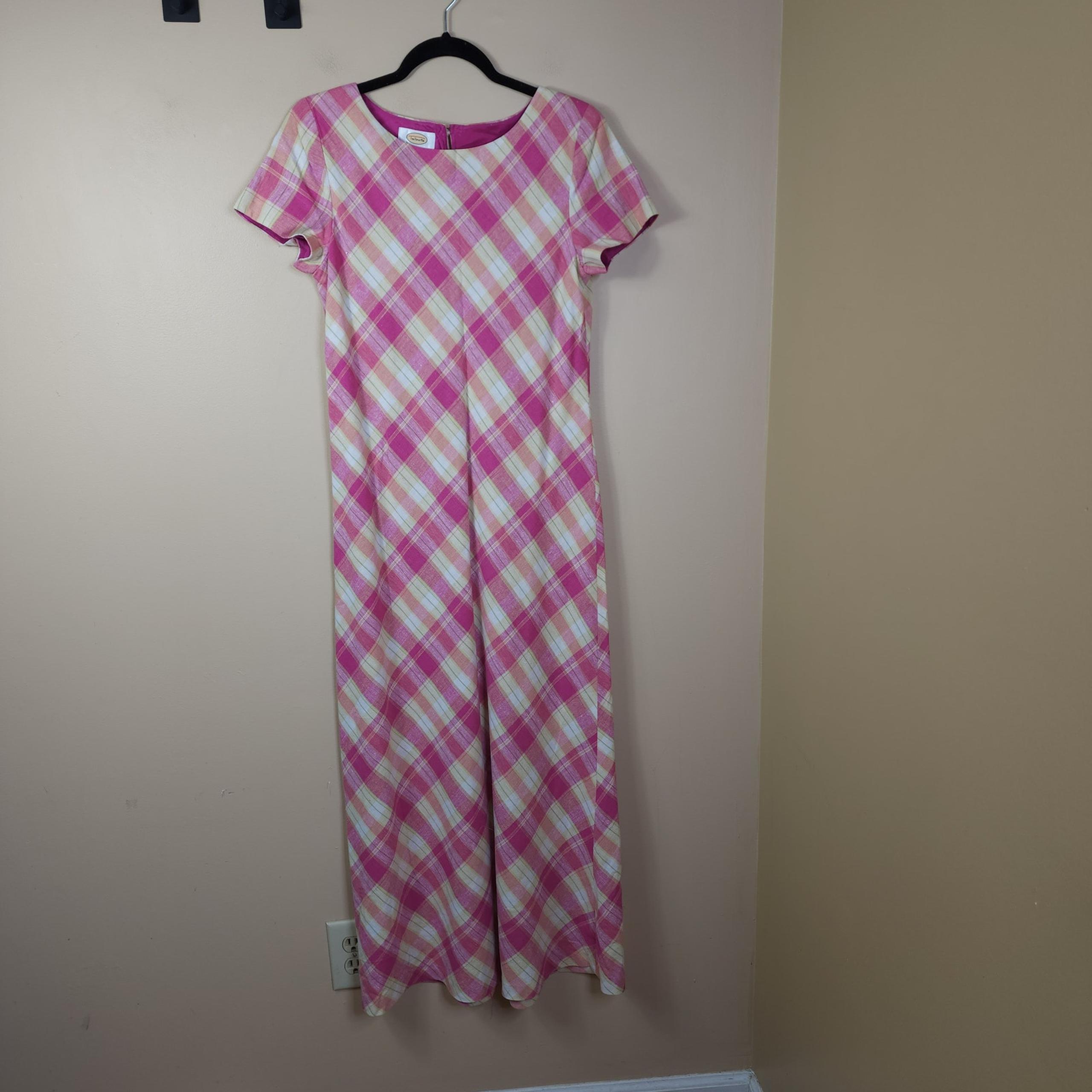 Vintage Talbots Pink Plaid Linen Blend Short Sleeve Maxi Dress Size 10