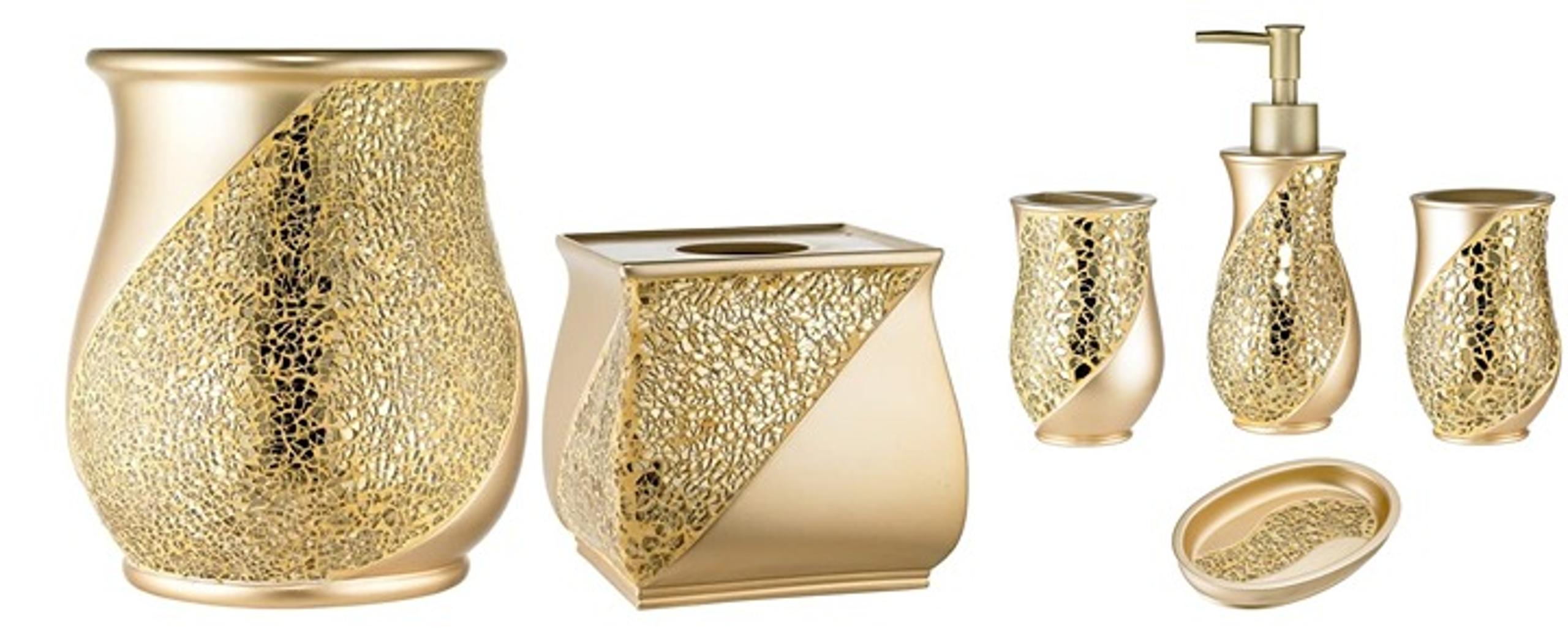 Sinatra Basket and Tissue Box Set with Mosaic Cracked Ice Look, Champagne Gold
