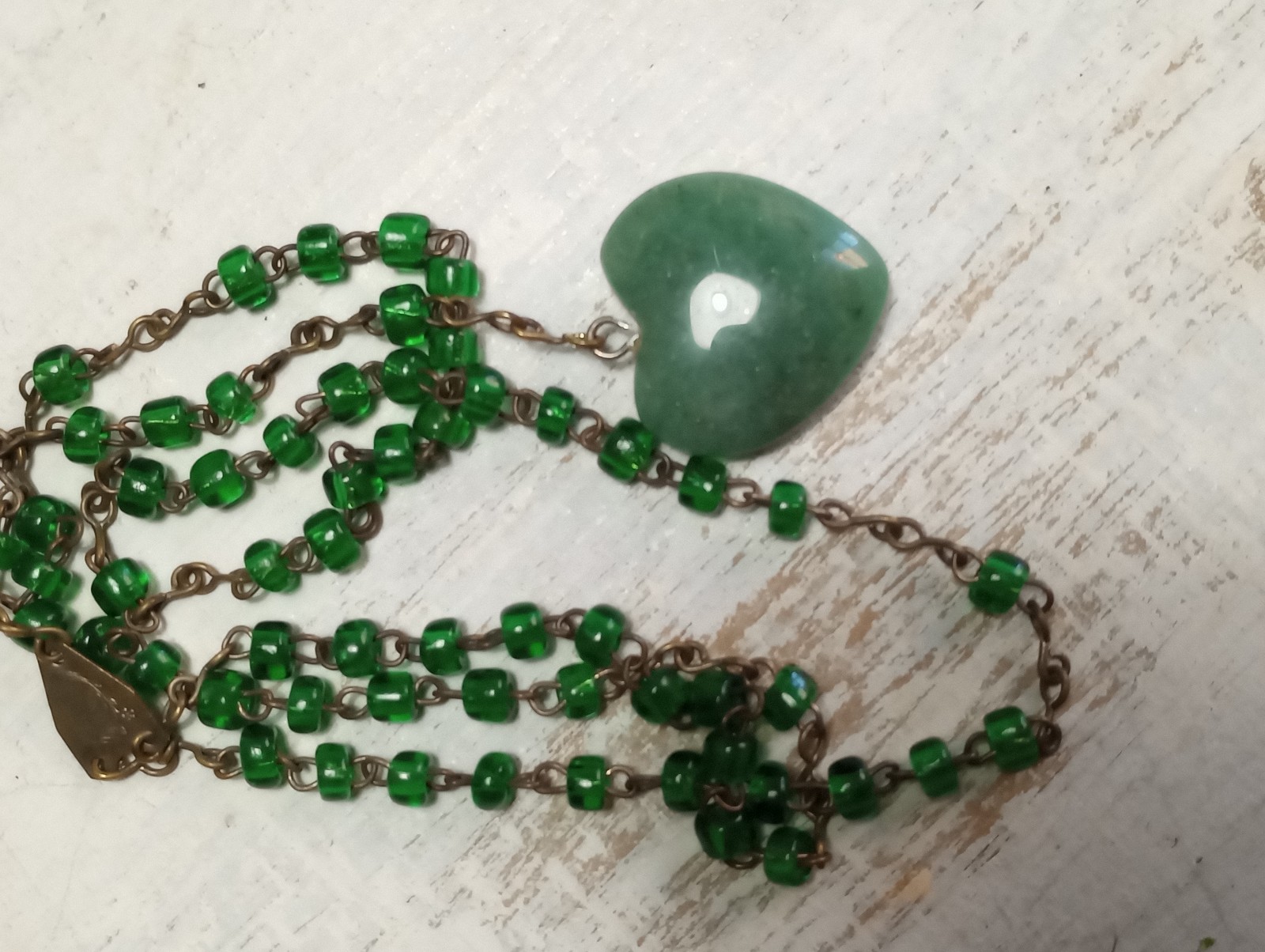 Vintage Glass Bead Rosary W/ Stone Heart