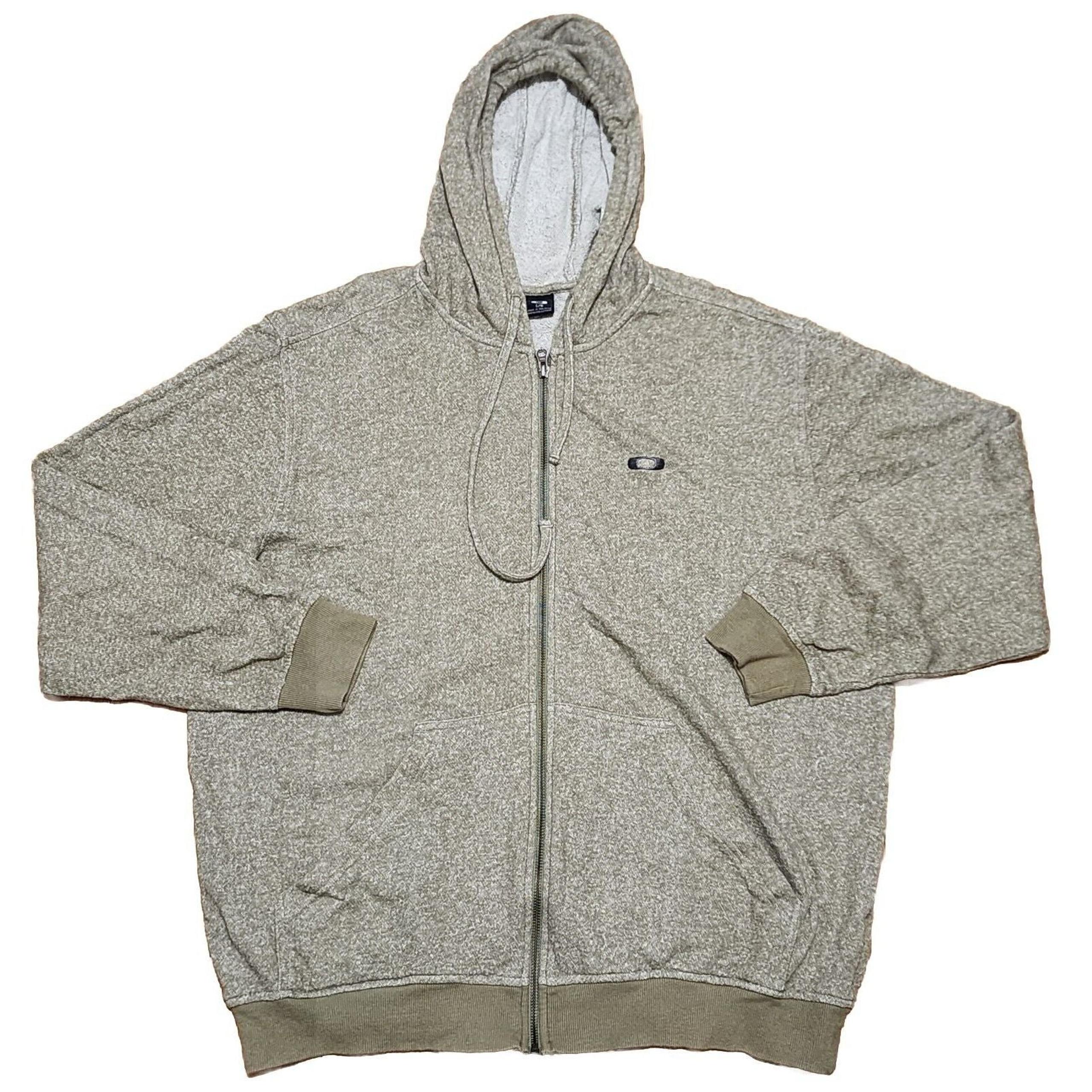Oakley Mens Large Full Zip Beige Olive Green Hooded Sweatshirt Hoodie Drawstring
