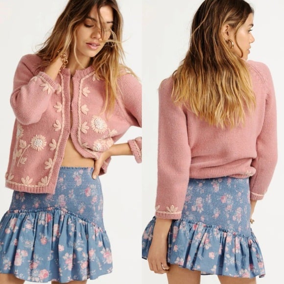 LOVESHACKFANCY Anguilla Floral Faded Denim Ruffle Mini Skirt