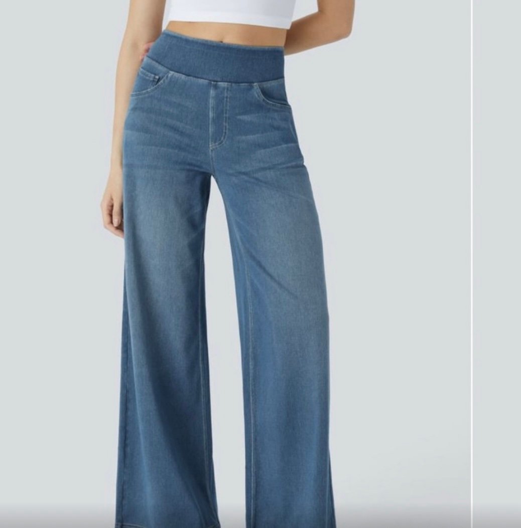 Women's Flex Denim Blue Wide-Leg Jeans-Halara size Large