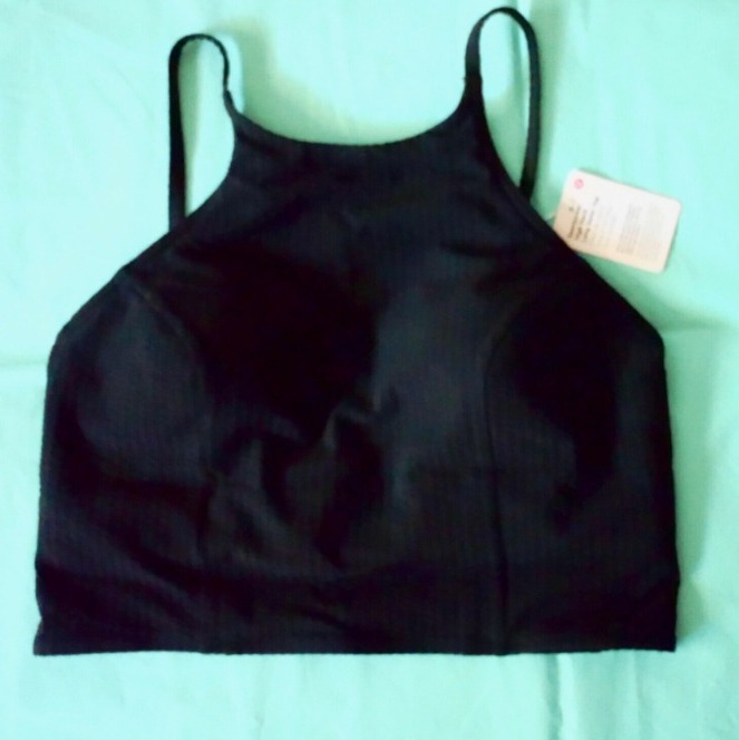 NWT Lululemon Seersucker Swim Top Sz M High-Neck LongLine C/D cup Black UVP NEW