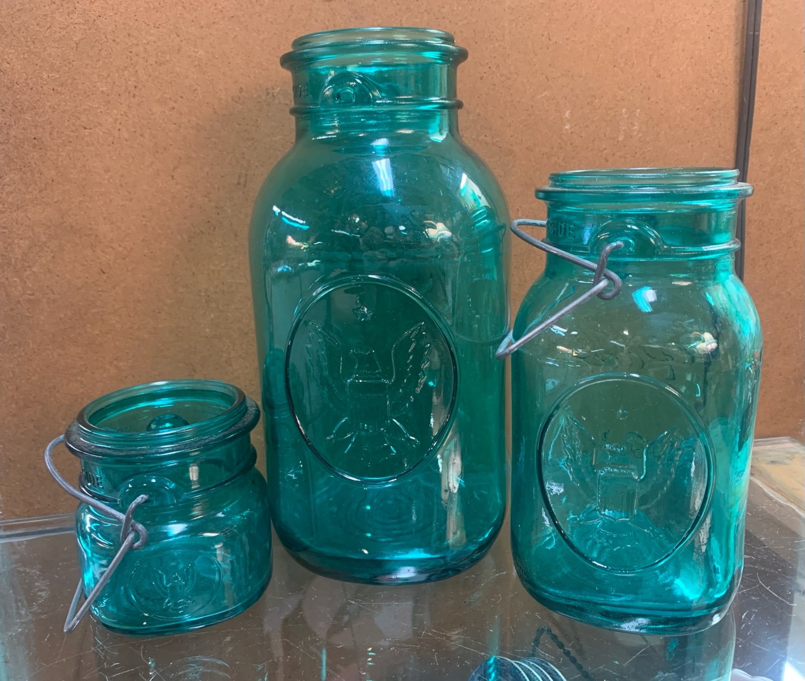 Antique 1933-62 Bicentennial Ball Jar Trio, Turquoise w/Eagles