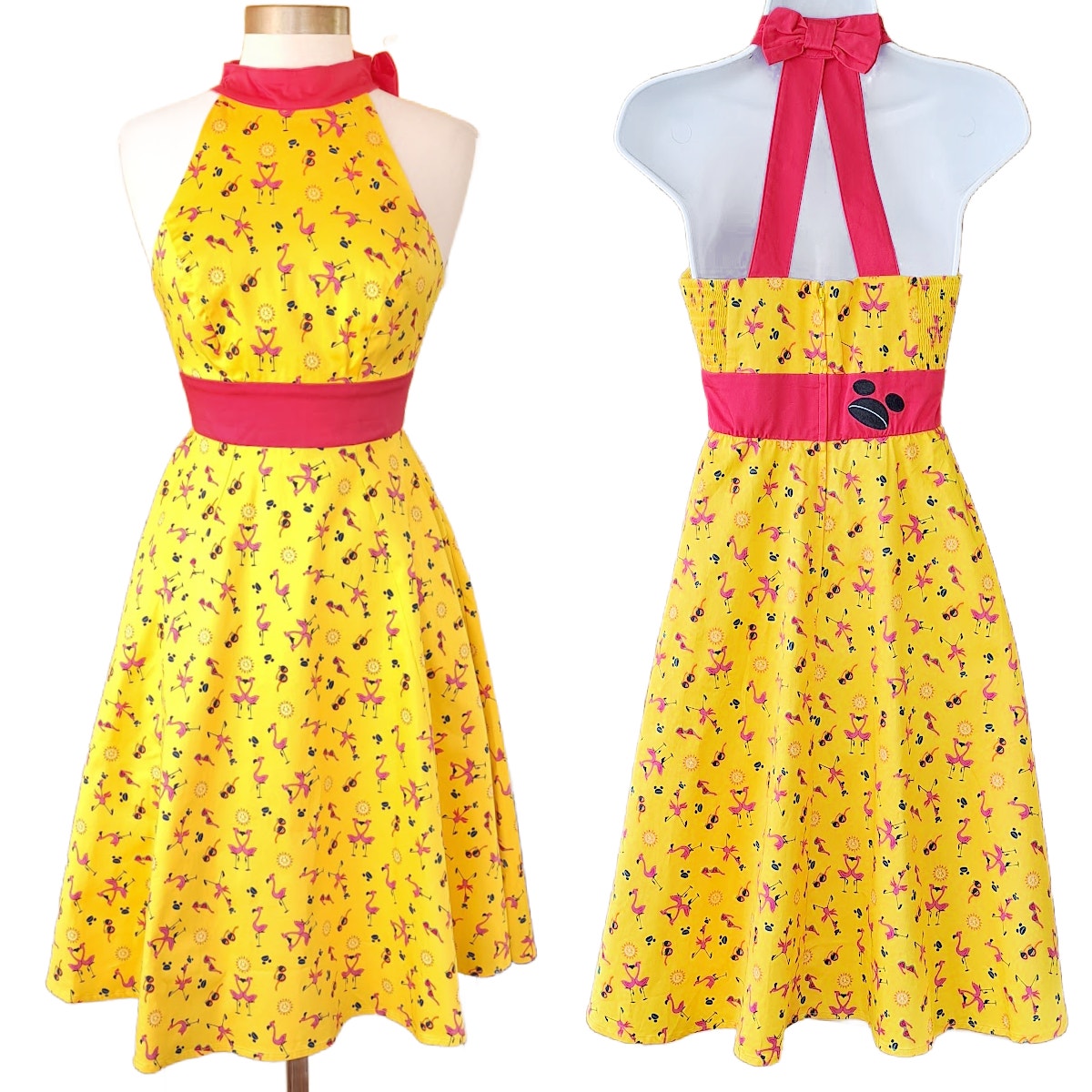 NEW DISNEY Parks Dress Shop Flamingo Run Retro Halter Dress Size XS Yellow Pink