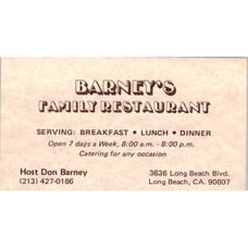 Don Barney's Family Restaurant Long Beach CA Vintage Business Card SD8-B6