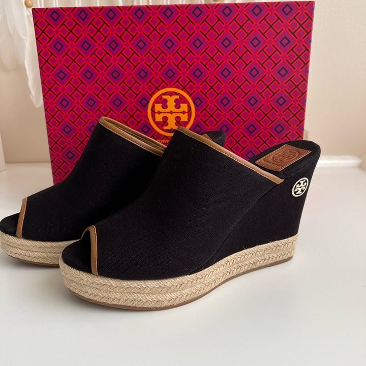 Tory Burch Black / Tan Agatha Canvas Mule Wedge Sandals