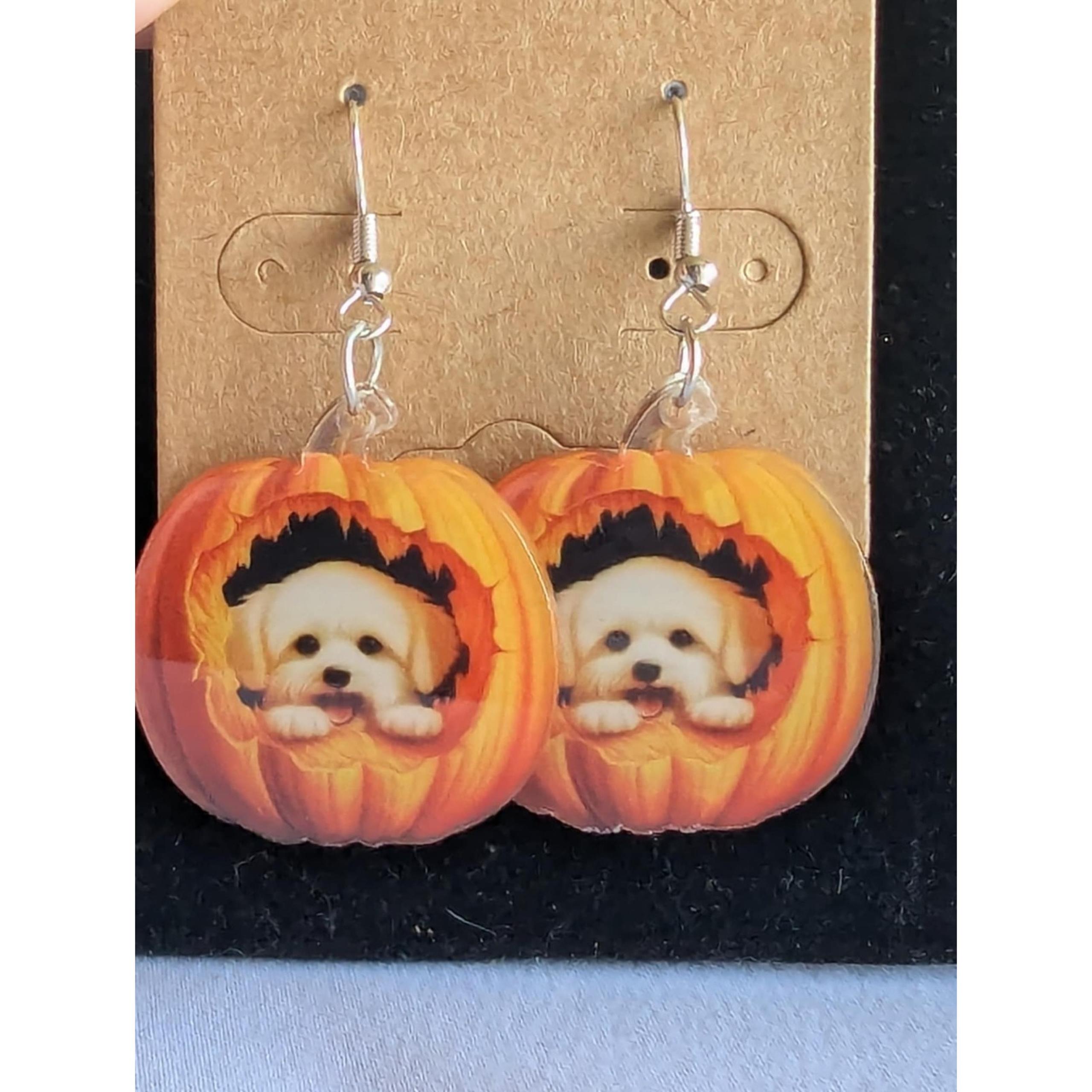 Pumpkin Dog Earrings Halloween Dangle Drop Earrings Fall Autumn Jewelry
