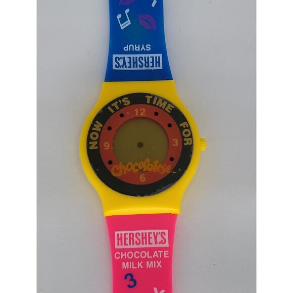 Vintage Hersheys Chocolate Pink Blue Yellow Plastic Watch “NOW ITS TIME FOR”