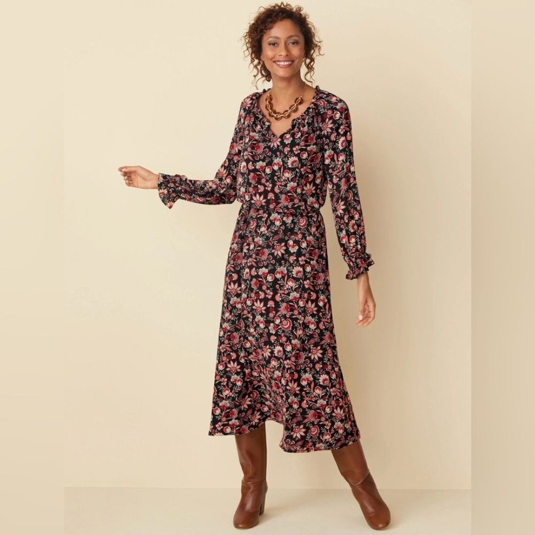 Talbots Plus Bracelet Sleeve Elastic Waist Autumn Garden Feminine Midi Dress 2X
