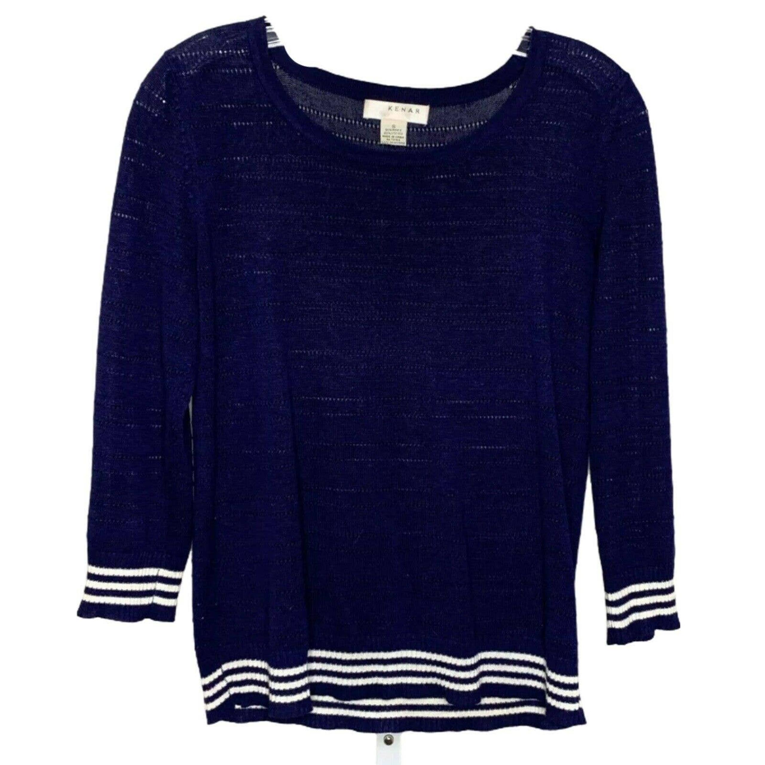 Kenar Women's Sweater Top Blue White Stripe Sheer Crew Neck Size Small