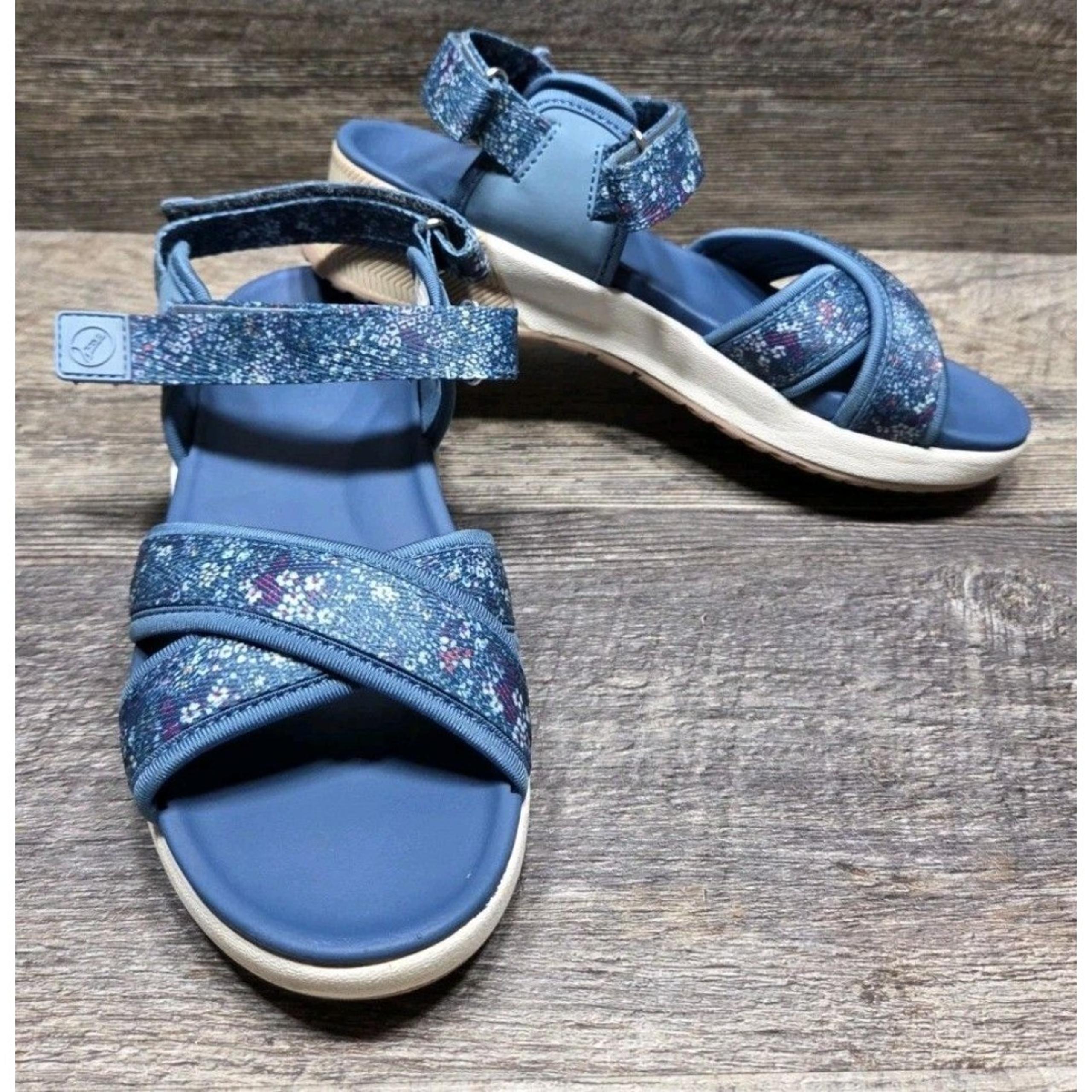 Lands End Sandals Womens 7B Strappy Wedge Comfort Blue Flowers Hook&Loop