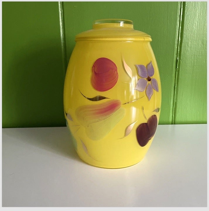 Vintage MCM Bartlett Collins Yellow Glass Cookie Jar Fruit Flowers hand painted