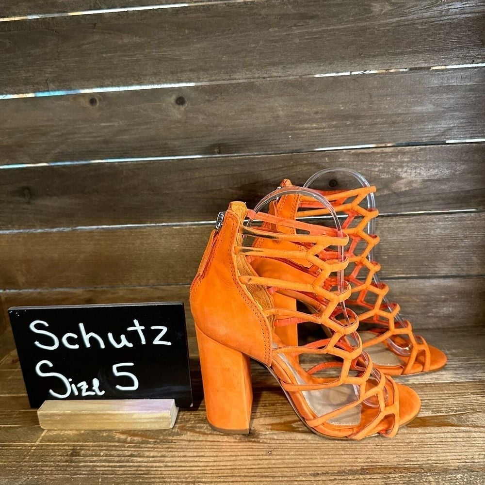 New Womens Schutz Julianna Orange Suede Gladiator Block Heels Sandals Size 5 B