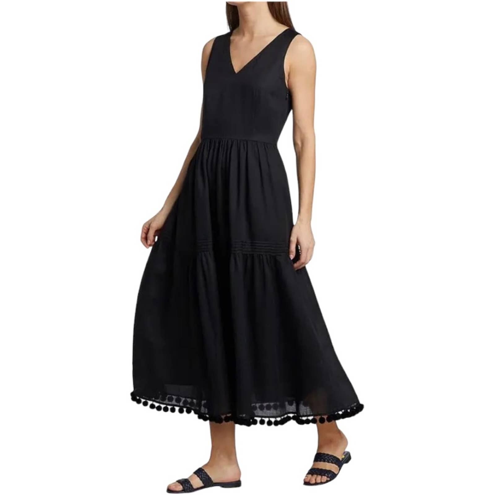 LAFAYETTE 148 NEW YORK Size 6 Amalia Pom-Pom Cotton-Blend Midi-Dress - Black