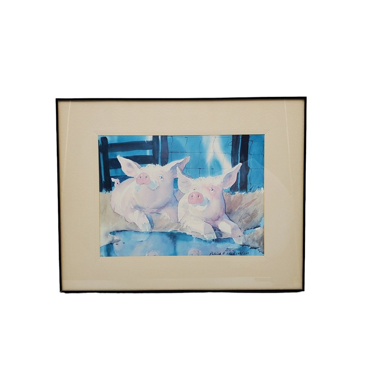1980s Patrick Clark Signed Pigs Piggy Farm Animal 14x11 Framed Watercolor Print