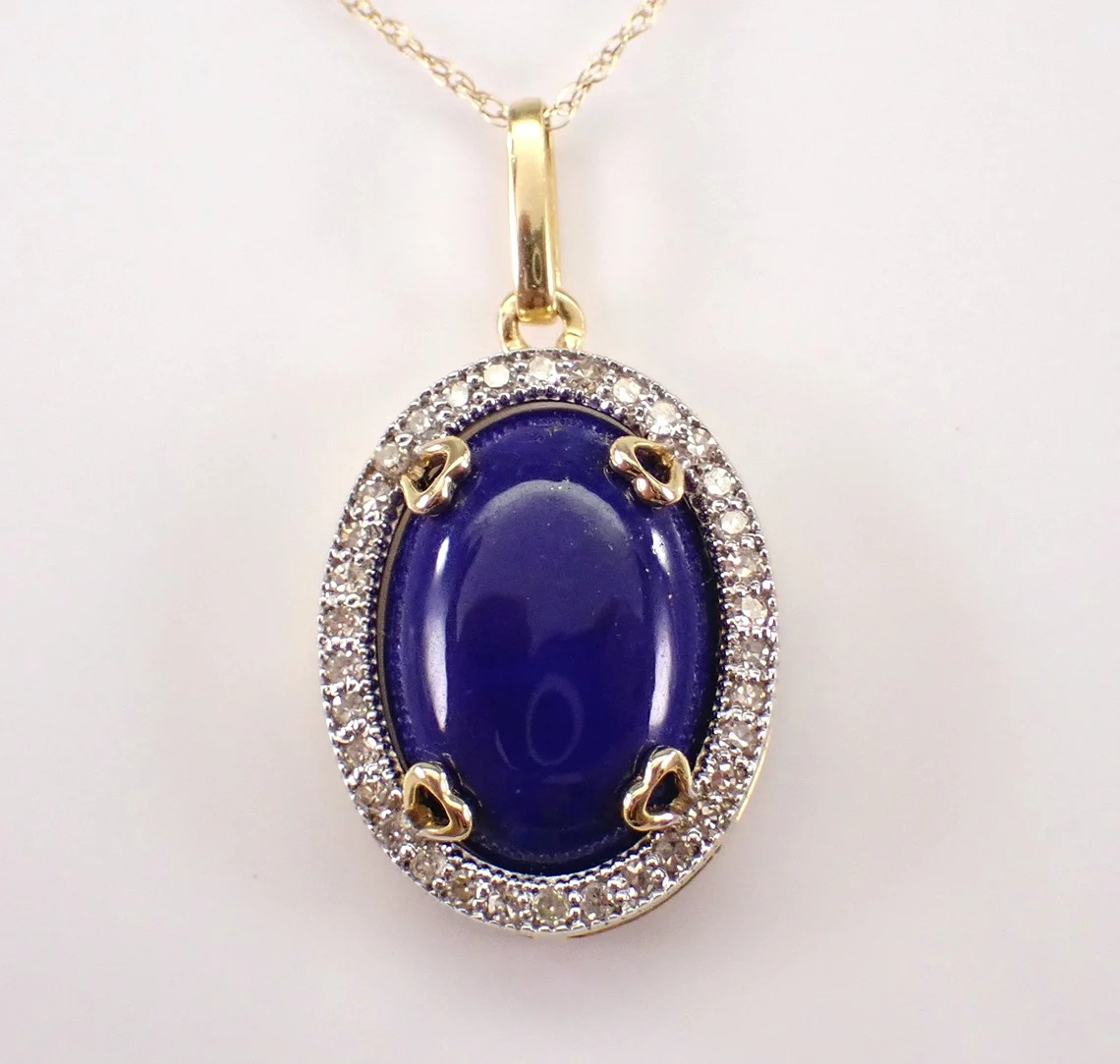 Lapis Lazuli and Diamond Necklace - Yellow Gold Blue Gemstone Pendant