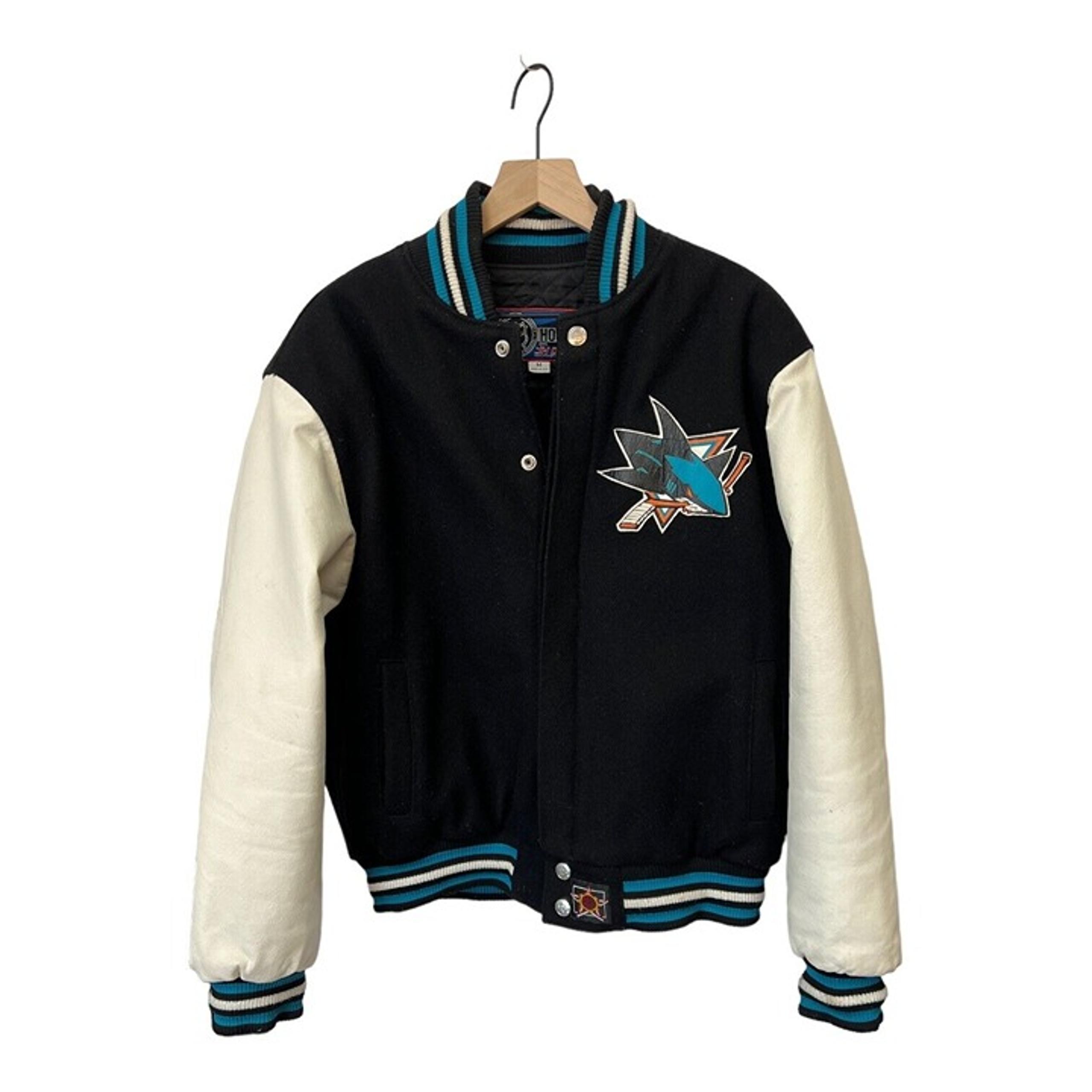 San Jose Sharks Two Tone Wool Leather Jacket Black/White Medium JH Design NHL