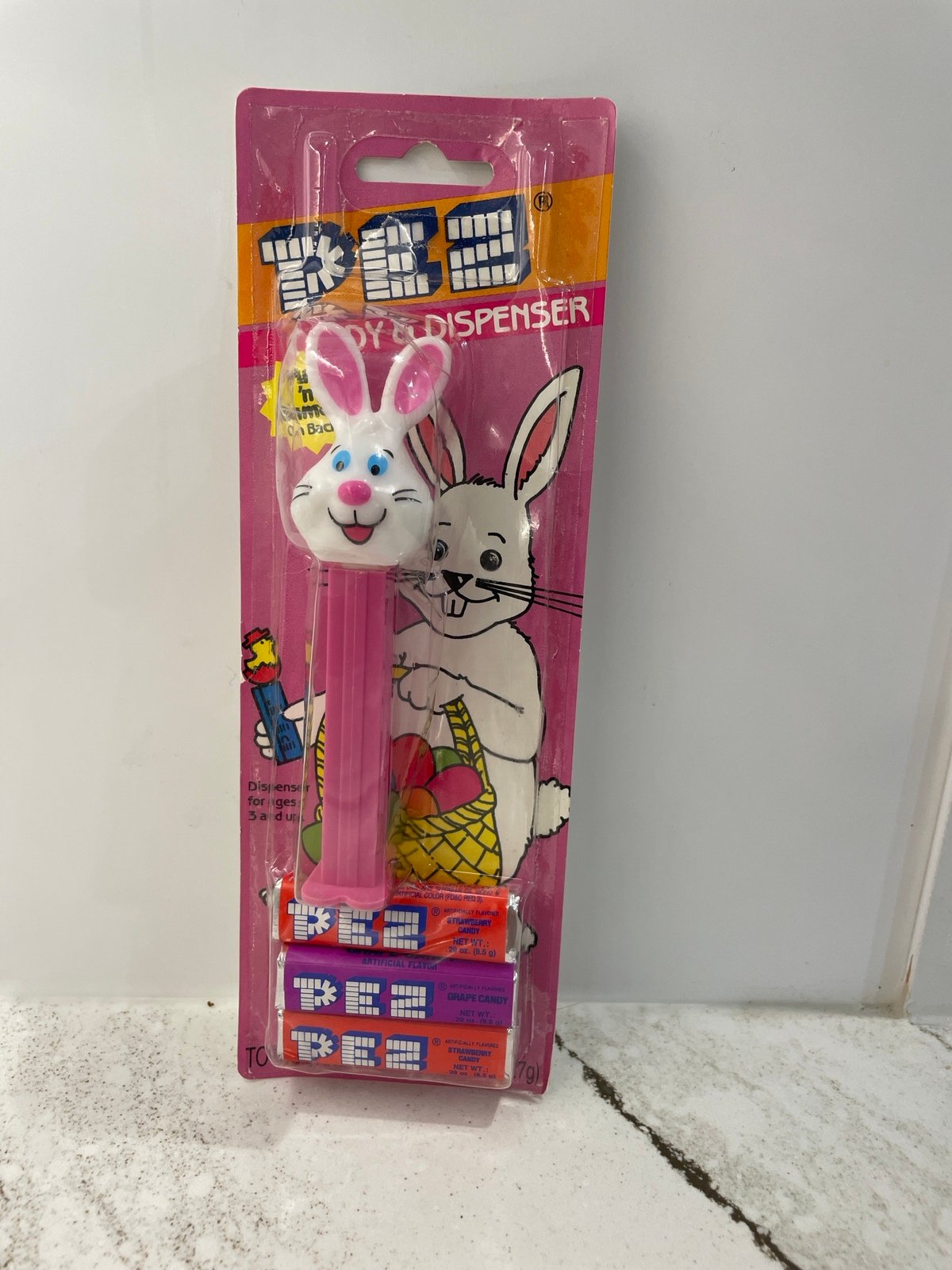 Vintage 1998 Classic White Easter Bunny Pez Dispenser with Pink Stem and Feet
