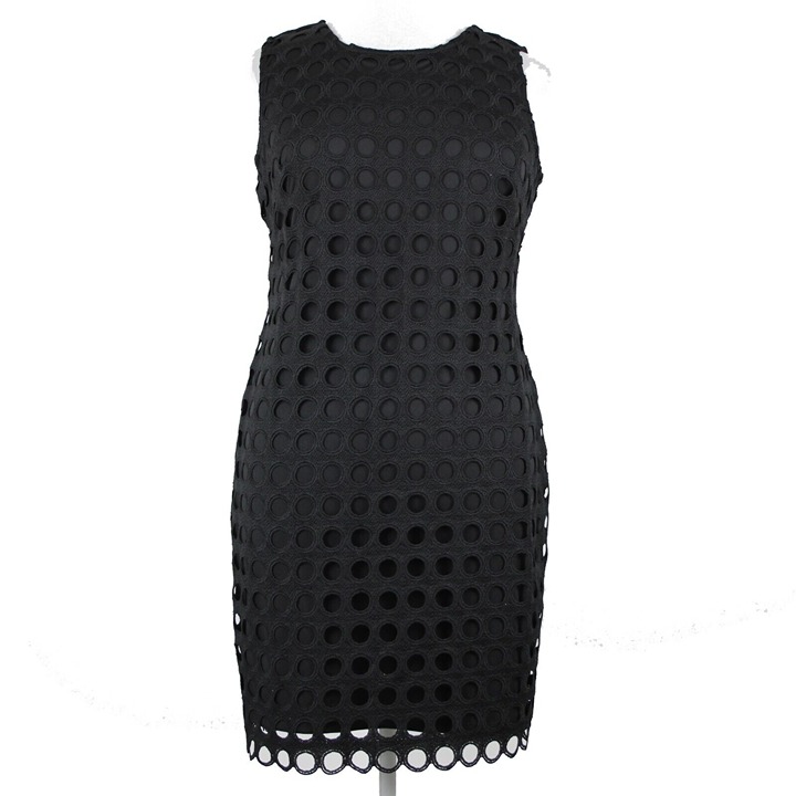 Donna Karan NEW 139 Sz 14 Black Eyelets Lined Sleeveless 100% Polyester Dress