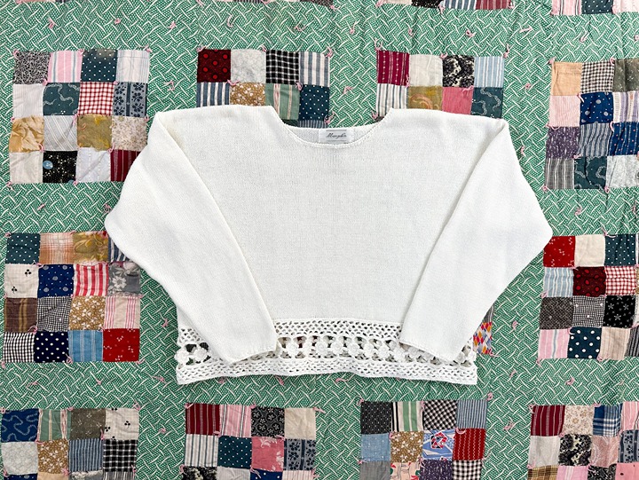 Vintage 90s Ramie Cotton Cropped Daisy Crochet Cutout Sweater - XS-M